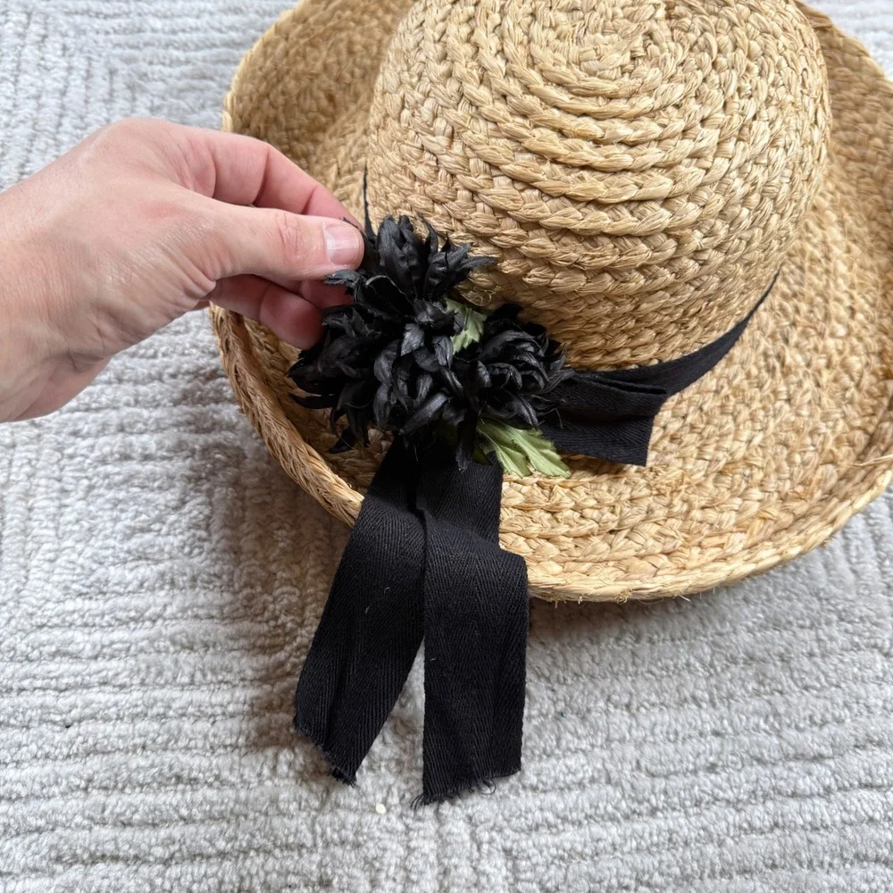 Betmar Street Smart Straw Sun Hat Women's Tan Black Ribbon Floral Summer Beach